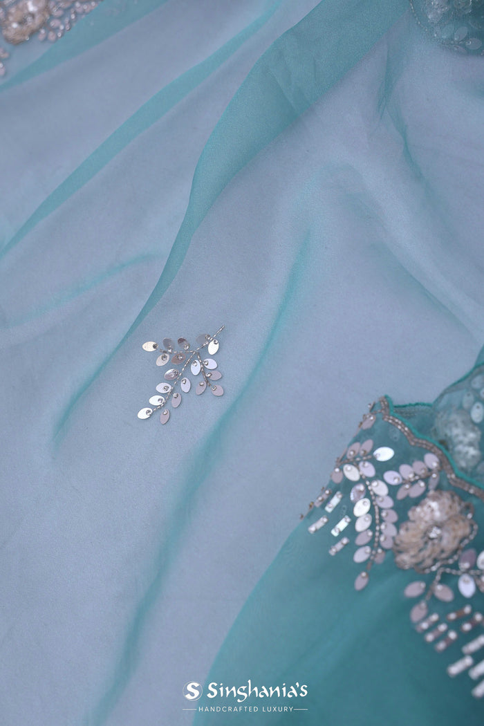 Horizon Blue Cyan Organza Tissue Saree With Scallop Border
