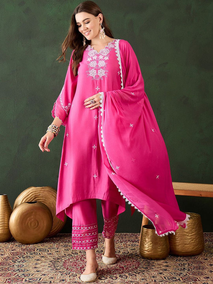 Hot Pink Silk Kurti With White Floral Embroidery