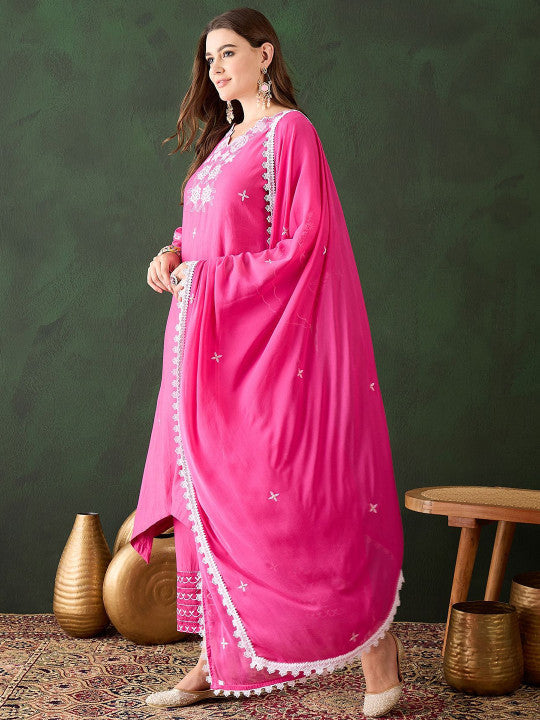 Hot Pink Silk Kurti With White Floral Embroidery