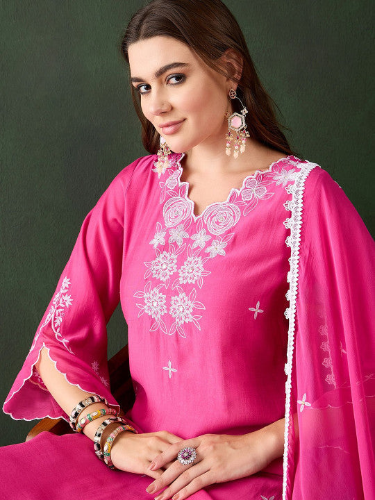 Hot Pink Silk Kurti With White Floral Embroidery