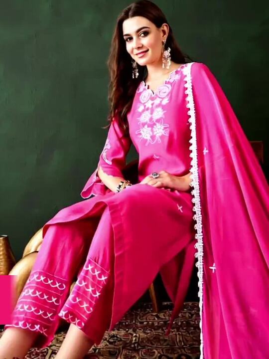 Hot Pink Silk Kurti With White Floral Embroidery