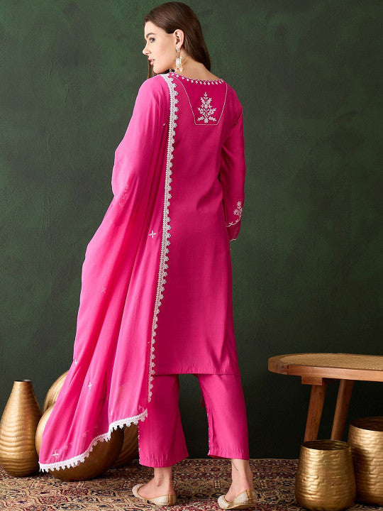 Hot Pink Silk Kurti With White Floral Embroidery