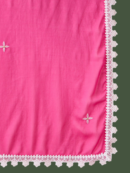 Hot Pink Silk Kurti With White Floral Embroidery