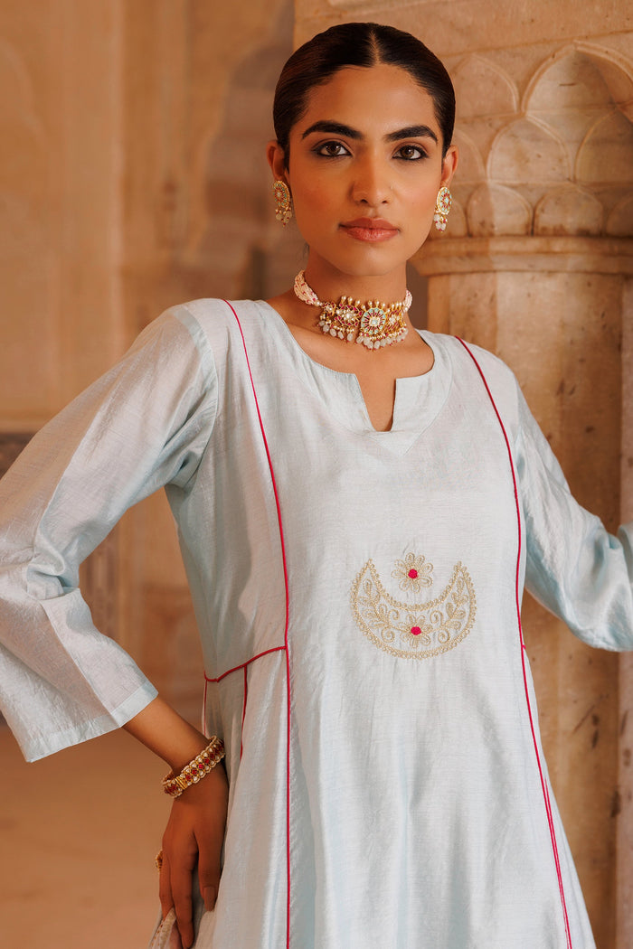 Ice Blue Chanderi Anarkali With Gold Motif Work