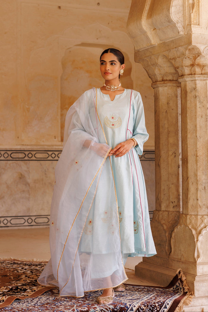 Ice Blue Chanderi Anarkali With Gold Motif Work