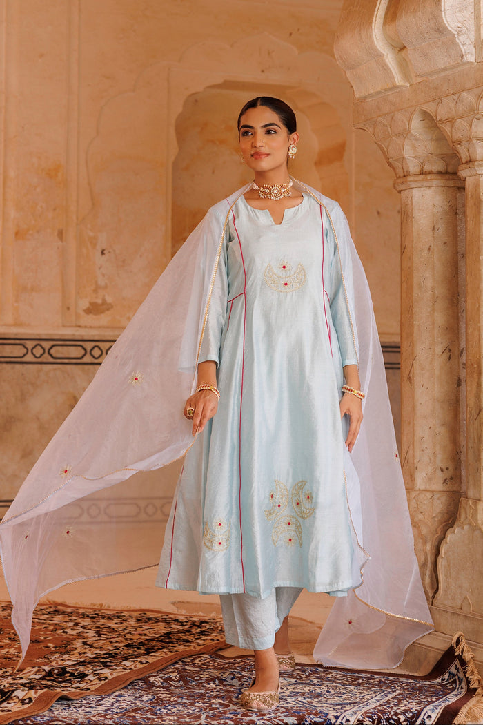 Ice Blue Chanderi Anarkali With Gold Motif Work