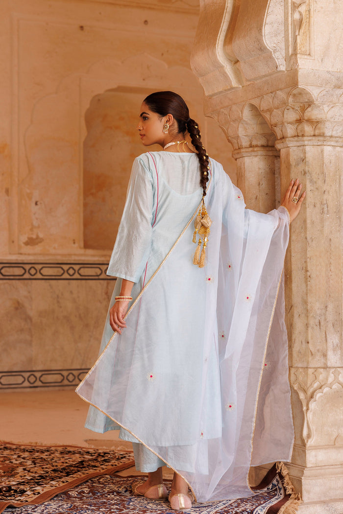 Ice Blue Chanderi Anarkali With Gold Motif Work