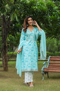 <img> Ice Blue Cotton Floral Printed Kurti Set