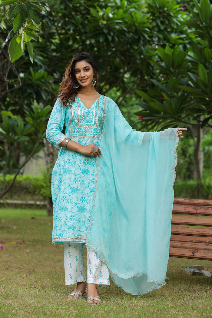 <img> Ice Blue Cotton Floral Printed Kurti Set