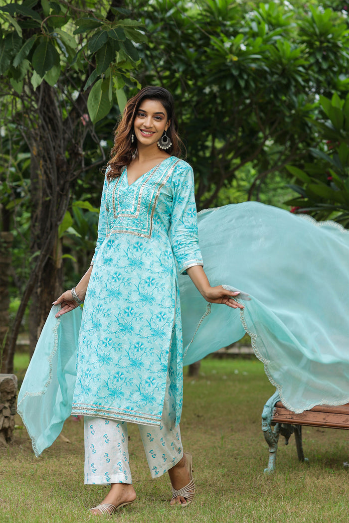 <img> Ice Blue Cotton Floral Printed Kurti Set
