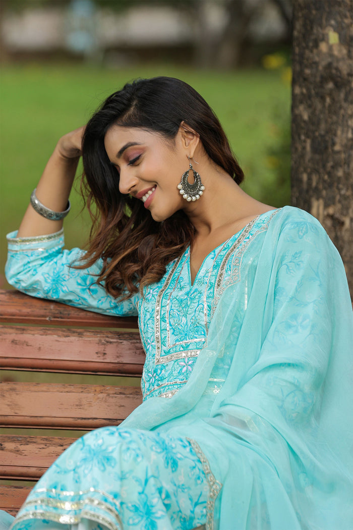 <img> Ice Blue Cotton Floral Printed Kurti Set