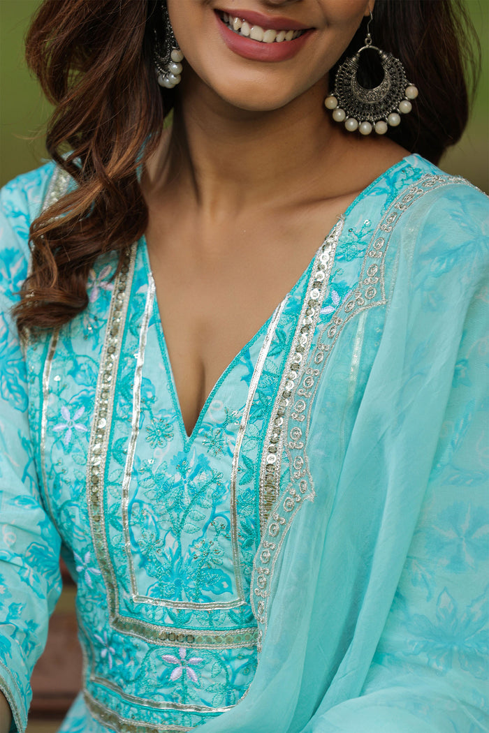 <img> Ice Blue Cotton Floral Printed Kurti Set