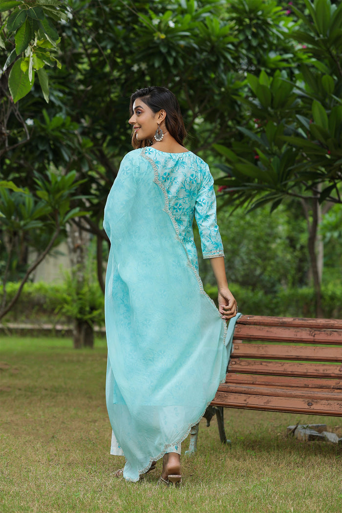 <img> Ice Blue Cotton Floral Printed Kurti Set