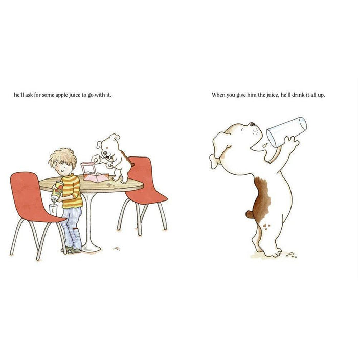 Illustration of a boy and a dog at a table with a dog drinking juice.