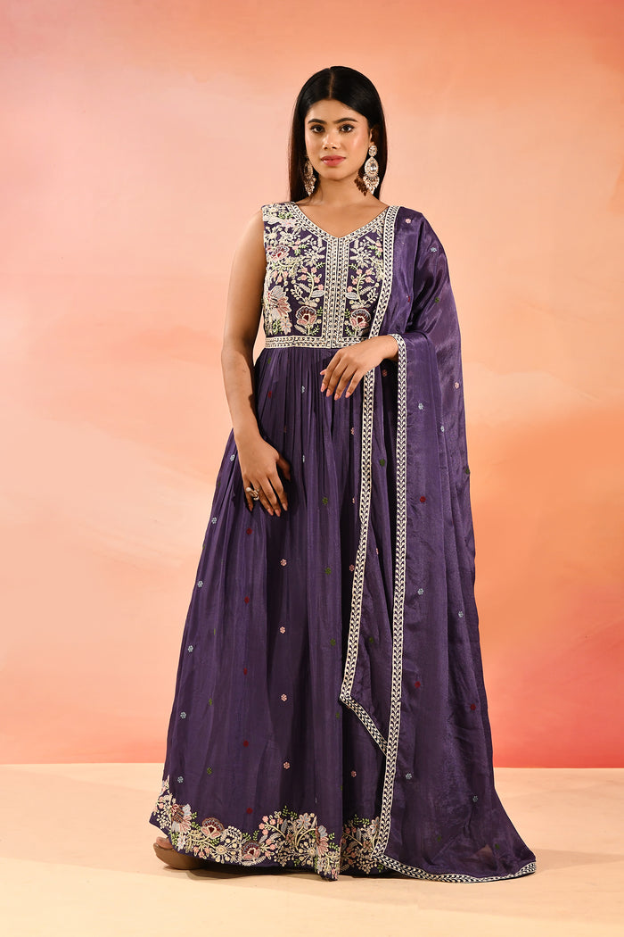 Imperial Purple Embroidered Blended Silk Anarkali Set
