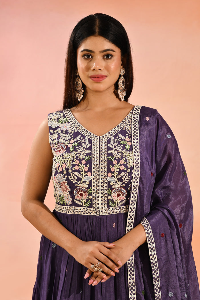 Imperial Purple Embroidered Blended Silk Anarkali Set