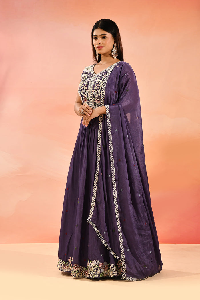 Imperial Purple Embroidered Blended Silk Anarkali Set