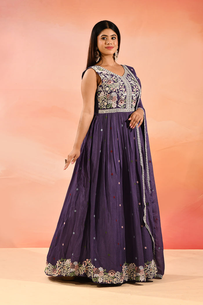 Imperial Purple Embroidered Blended Silk Anarkali Set