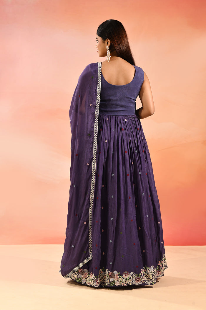 Imperial Purple Embroidered Blended Silk Anarkali Set