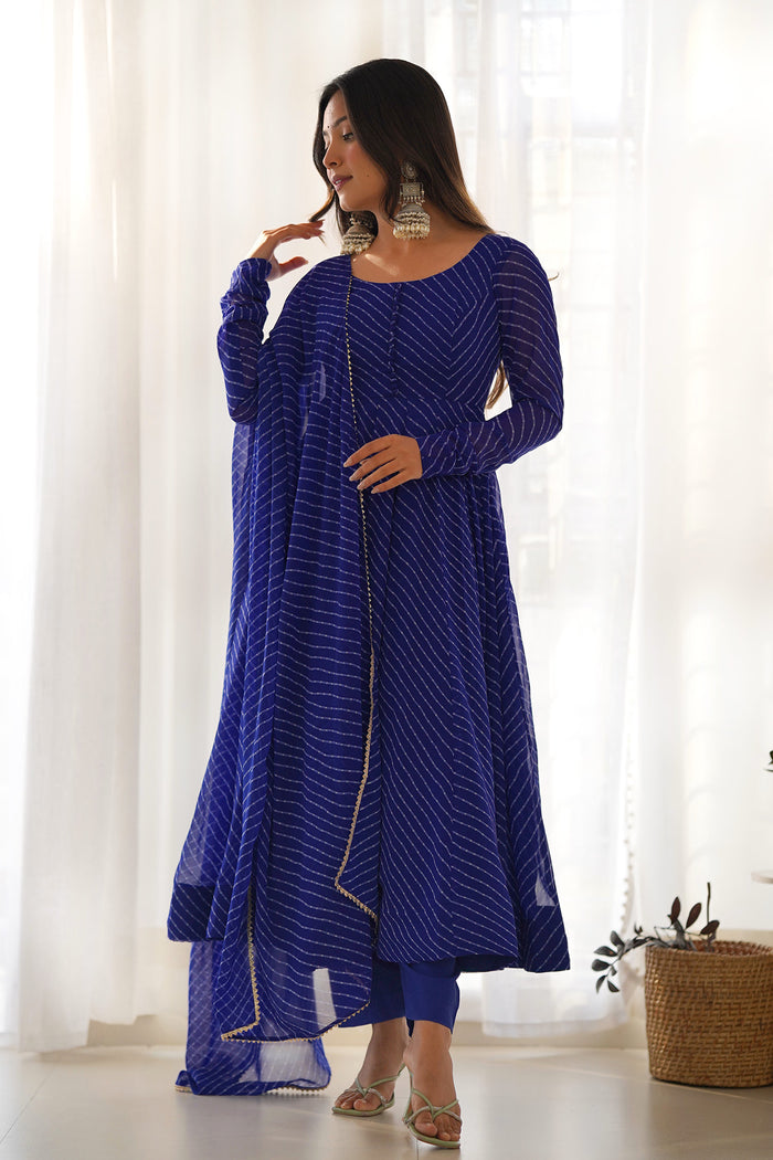 Indigo Blue Georgette Leheriya Printed Anarkali Set