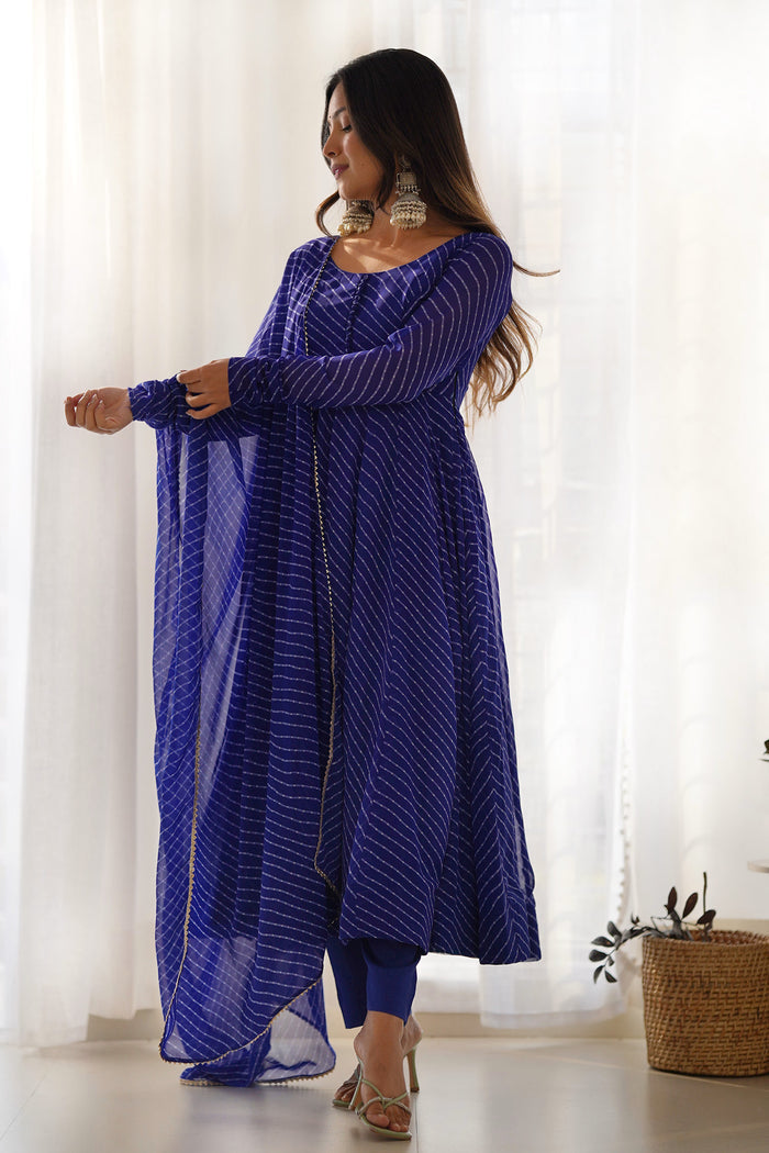 Indigo Blue Georgette Leheriya Printed Anarkali Set
