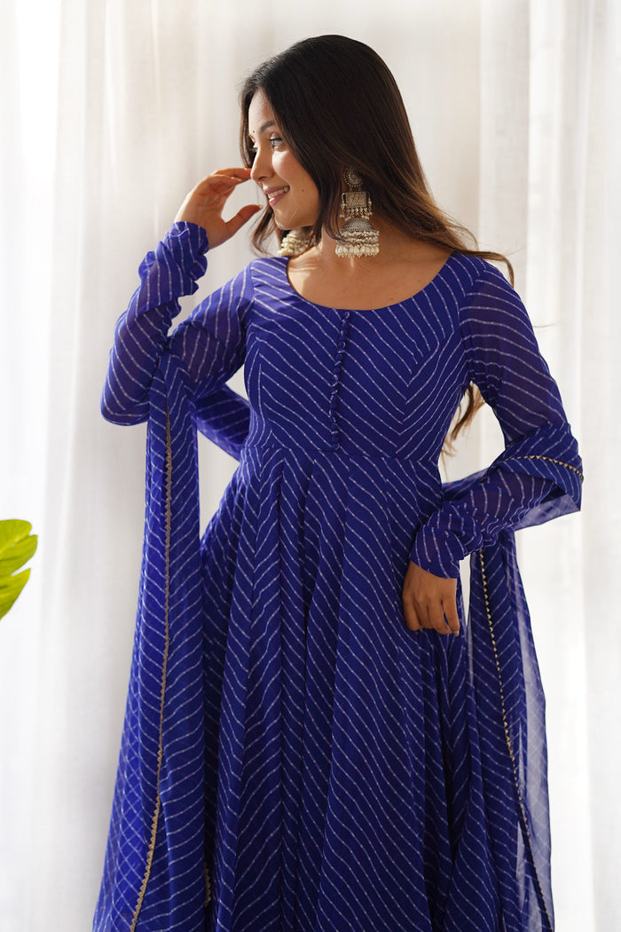 Indigo Blue Georgette Leheriya Printed Anarkali Set