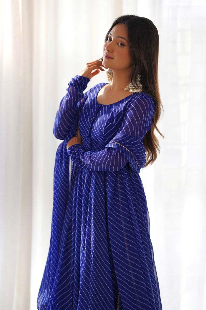Indigo Blue Georgette Leheriya Printed Anarkali Set