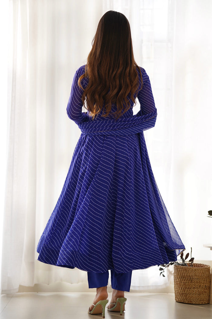 Indigo Blue Georgette Leheriya Printed Anarkali Set