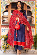 <img> Indigo Cotton Silk Anarkali Set With Bandhani Dupatta