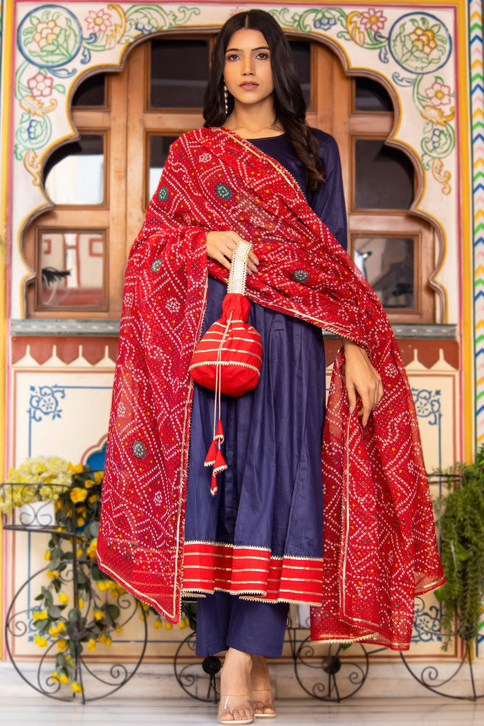 <img> Indigo Cotton Silk Anarkali Set With Bandhani Dupatta