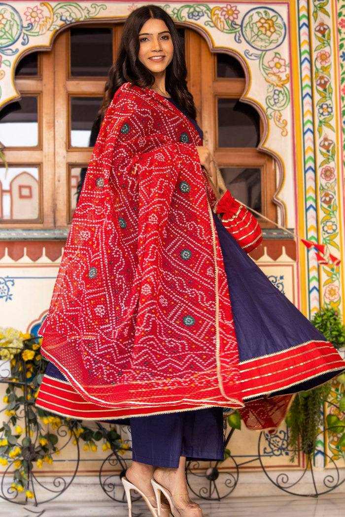 <img> Indigo Cotton Silk Anarkali Set With Bandhani Dupatta