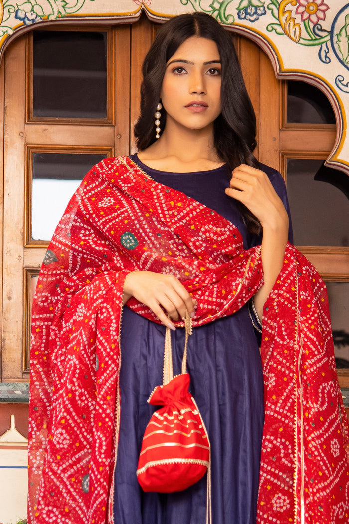 <img> Indigo Cotton Silk Anarkali Set With Bandhani Dupatta