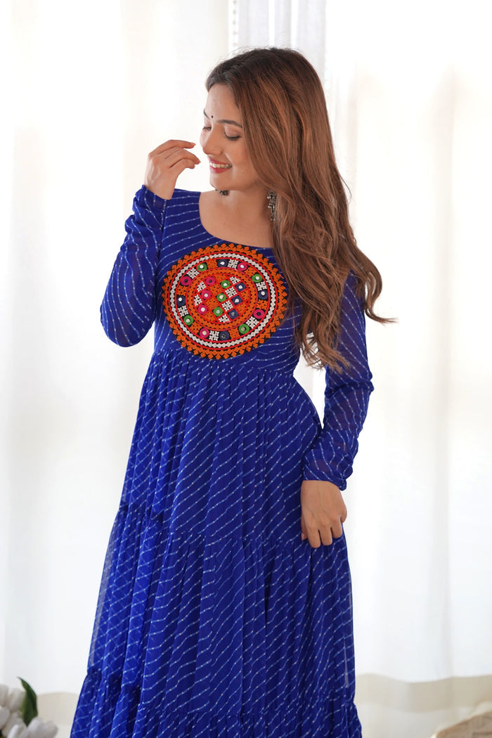Ink Blue Chanderi Leheriya Printed Anarkali Set