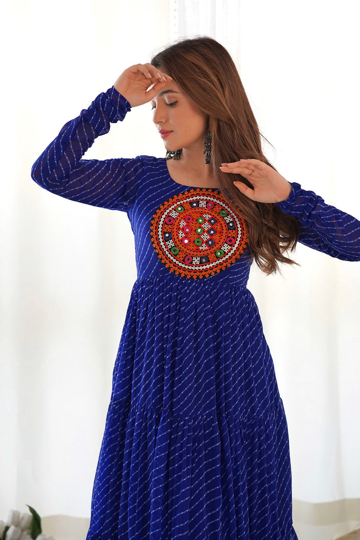 Ink Blue Chanderi Leheriya Printed Anarkali Set