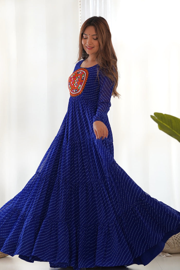 Ink Blue Chanderi Leheriya Printed Anarkali Set