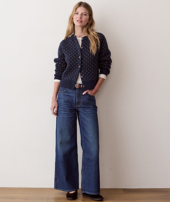 Iris Crewneck Cardigan - Navy & Gold