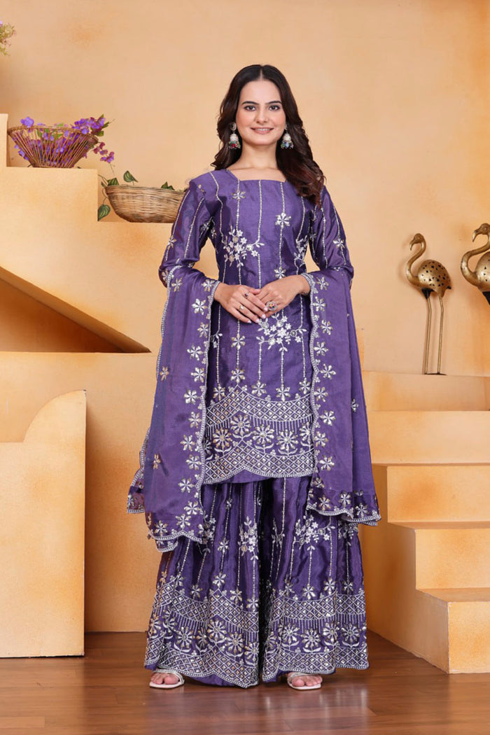Iris Purple Embroidered Silk Sharara Set