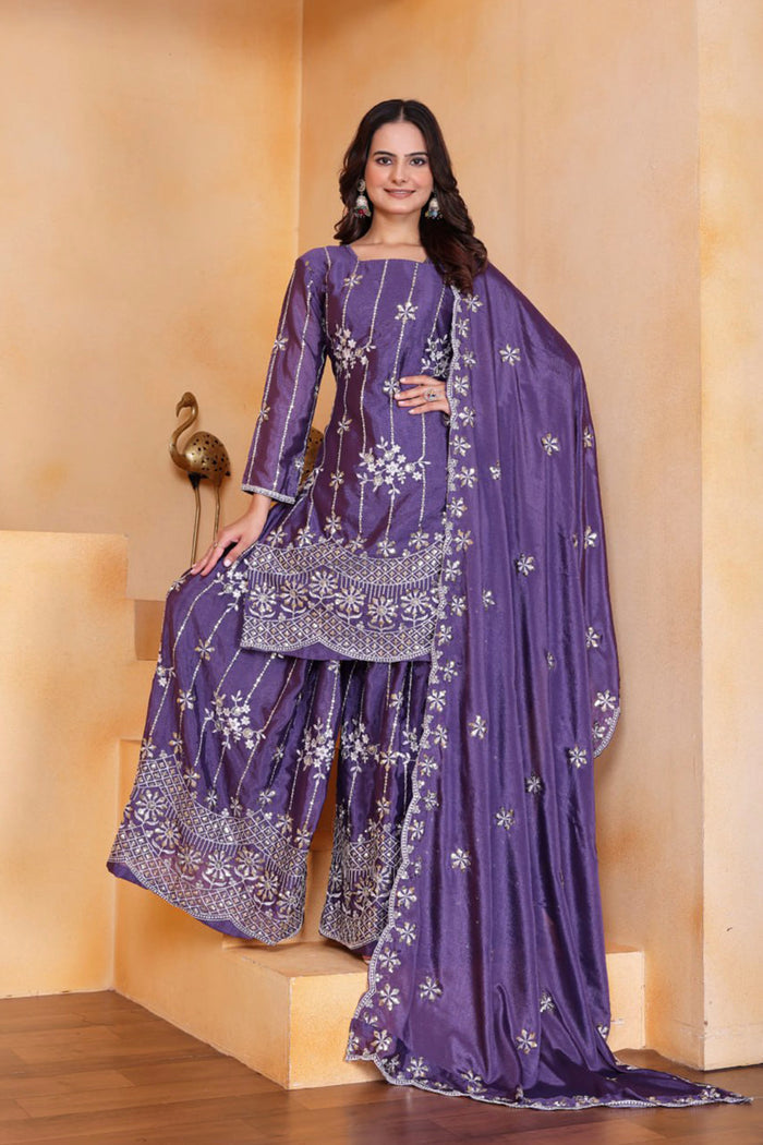 Iris Purple Embroidered Silk Sharara Set