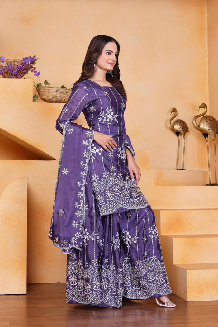 Iris Purple Embroidered Silk Sharara Set
