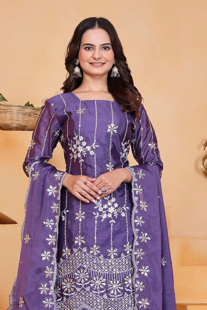 Iris Purple Embroidered Silk Sharara Set