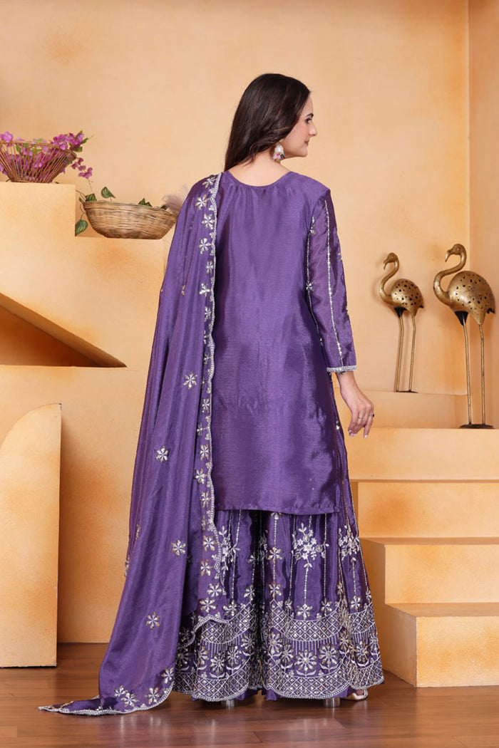 Iris Purple Embroidered Silk Sharara Set