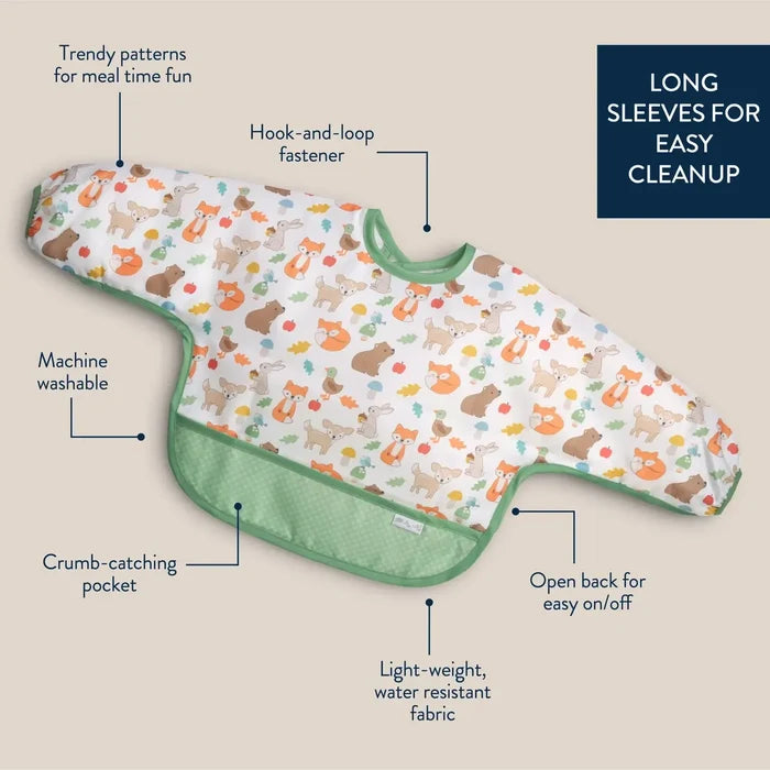 Baby bib with woodland animal pattern and features highlighted on a beige background