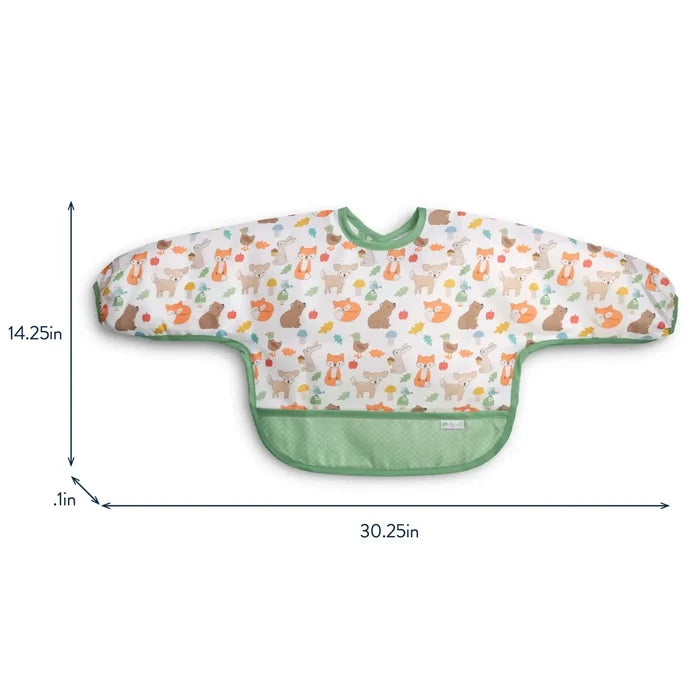 A baby bib with a woodland animal print pattern and green trim, shown with dimension lines indicating its measurements: 30.25 inches wide, 14.