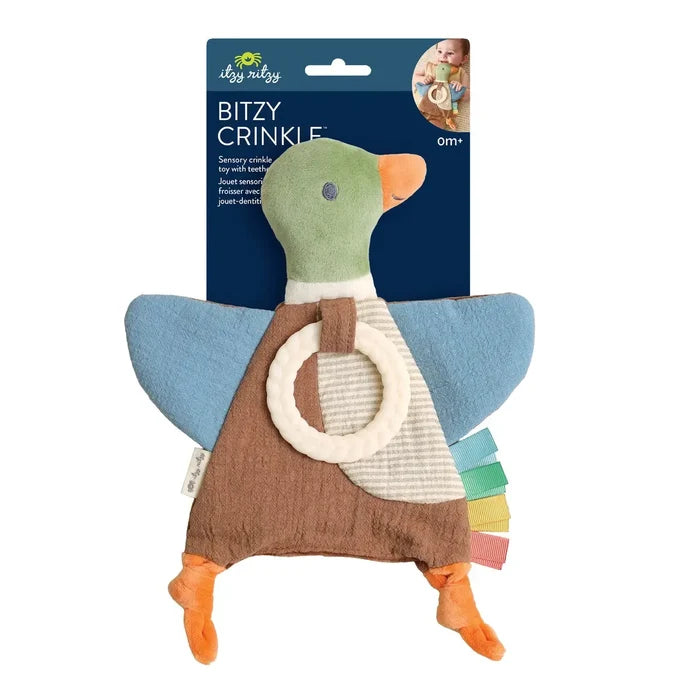A duck-shaped baby teething toy by Itzy Ritzy, featuring a green head, blue wings, a brown apron, and orange feet, with a cream ring and colorful tabs. It is shown with its dark blue cardboard packaging header card on a plain white background.