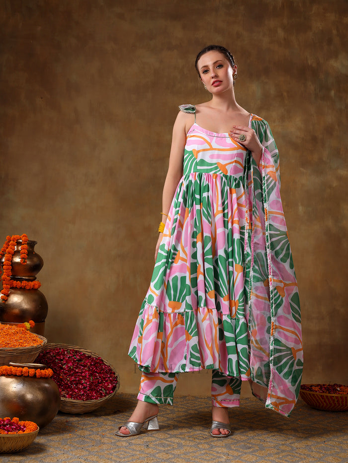 Ivory Abstract Printed Blended Fabric Cami Anarkali Set