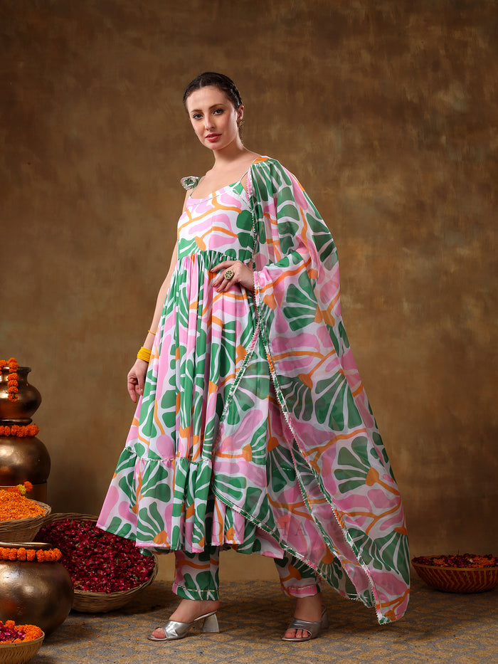 Ivory Abstract Printed Blended Fabric Cami Anarkali Set