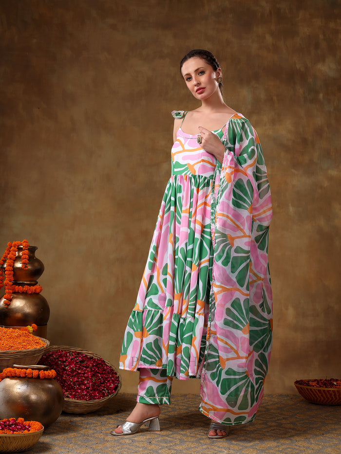 Ivory Abstract Printed Blended Fabric Cami Anarkali Set