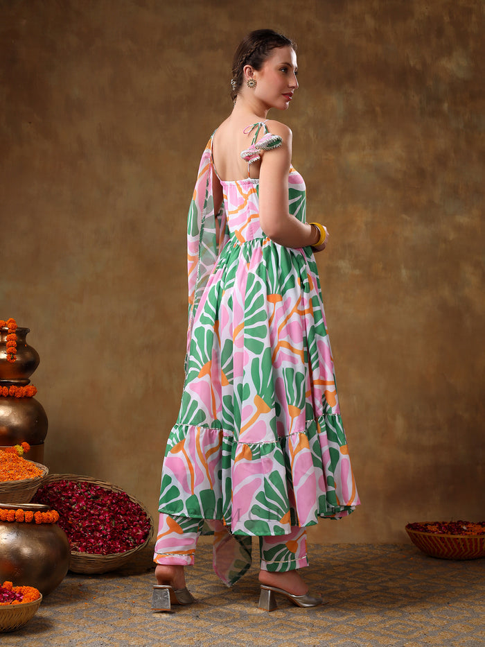 Ivory Abstract Printed Blended Fabric Cami Anarkali Set