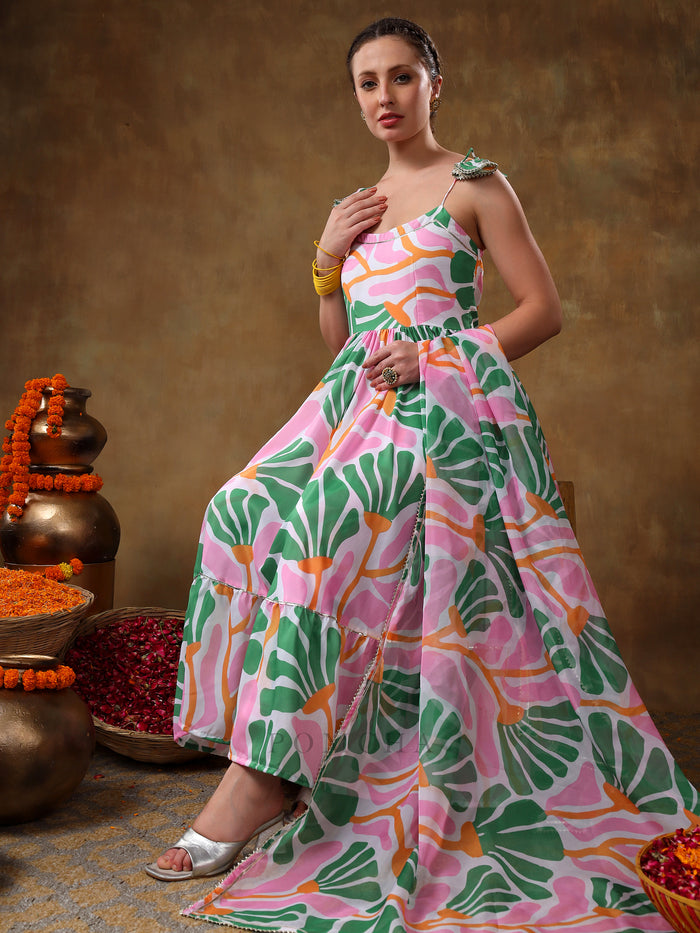 Ivory Abstract Printed Blended Fabric Cami Anarkali Set