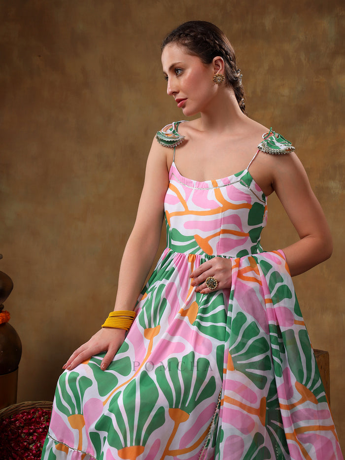 Ivory Abstract Printed Blended Fabric Cami Anarkali Set